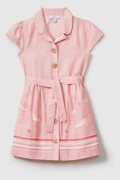 Reiss Eliza - Pink Print Eliza Teen Cotton Linen Capped Sleeve Belted Dress In Pink Print