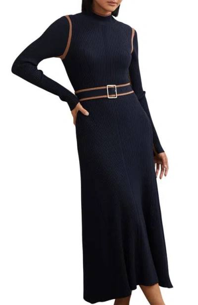 Reiss Womens Navy Camel Ella Colour-block Stretch-knit Midi Dress Xs In Blue