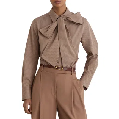 Reiss Elowen Pinstripe Tie Neck Shirt In Brown