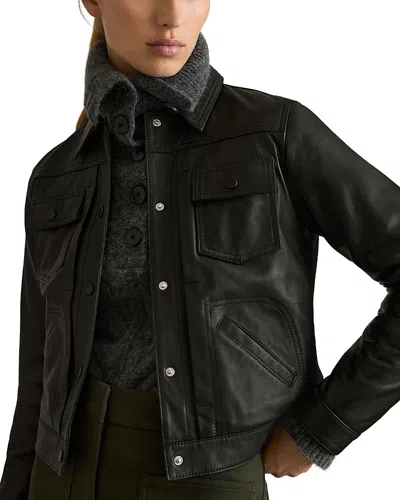 Reiss Ely Leather Trucker Jacket In Black