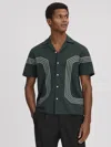 Reiss Emerald Mercerised Cotton Embroidered Cuban Collar Shirt