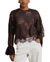 Reiss Womens Chocolate Brown Emilia Flared-cuff Lace Blouse In Brown