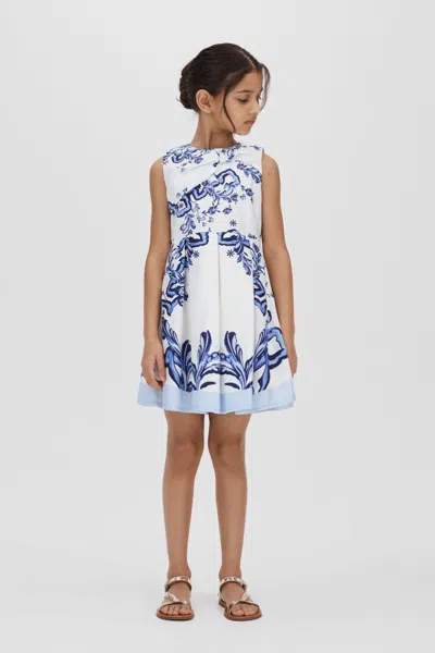 Reiss Kids' Emiline - Blue Print Junior Cotton Tile Print Pleated Dress, Uk 7-8 Yrs
