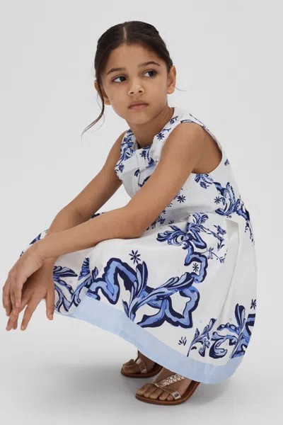 Reiss Kids' Emiline - Blue Print Senior Cotton Tile Print Pleated Dress, 10 In White