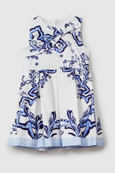 Reiss Emiline - Blue Print Teen Cotton Tile Print Pleated Dress, Uk 13-14 Yrs