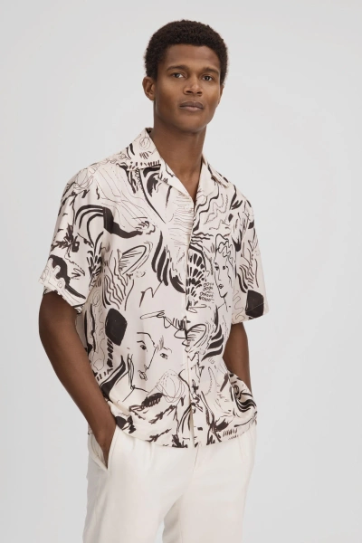 Reiss Epoque - Black/white Sketch Design Cuban Collar Shirt, Xxl