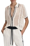 Reiss Erica Linen Stitch Interest Tipped Collared Top In Ivory/navy