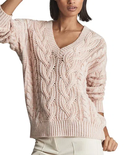 Reiss Esme Cable V-neck Wool-blend Sweater In Beige