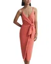 Reiss Coral Linen Side Tie Midi Dress In Orange