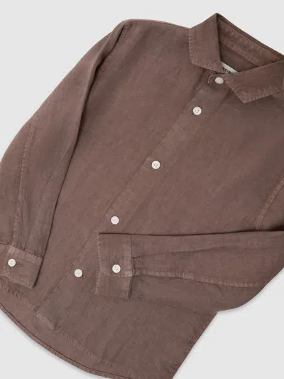 Reiss Espresso Brown Holiday 13-14 Yrs Linen Short-sleeve Button-through Shirt In Multi