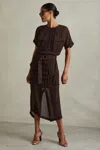 Reiss Chocolate Mesh Utility Belted Midi Dress In Chocolate