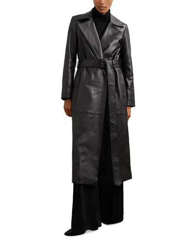 Reiss Estee Leather Trench Coat With Shearling Collar In Black