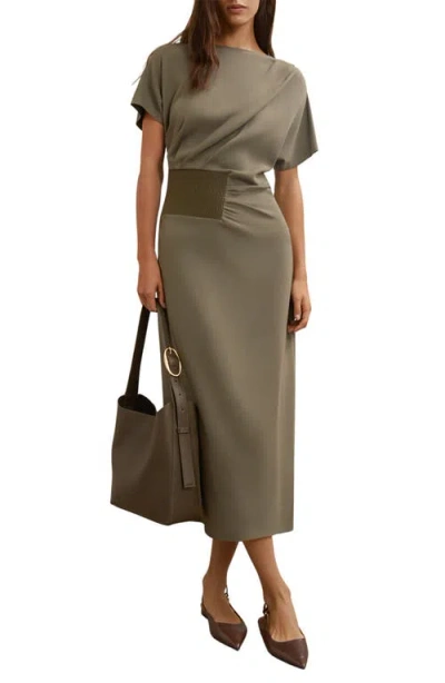 Reiss Womens Khaki Green Etta Ribbed-panel Stretch-jersey Midi Dress