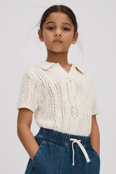 Reiss Eula - Ecru Crochet Open Collar Polo Shirt, Age 4-5 Years