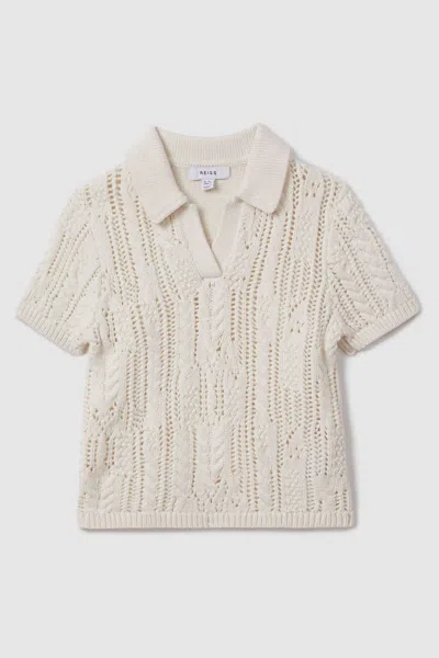 Reiss Eula - Ecru Teen Crochet Open Collar Polo Shirt, Uk 13-14 Yrs