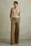 REISS EVA - DARK CAMEL PETITE COTTON BLEND WIDE LEG TROUSERS, US 4