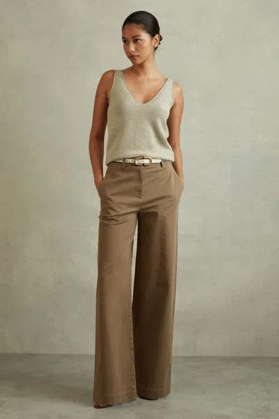 Reiss Eva - Dark Camel Petite Cotton Blend Wide Leg Trousers, Us 4