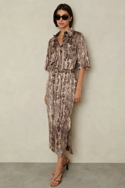 Reiss Neutral Snake Print Belted Midi Dress