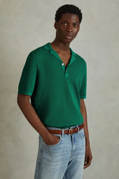 Reiss Bright Green Fargo Knitted Cuban Collar Polo Shirt