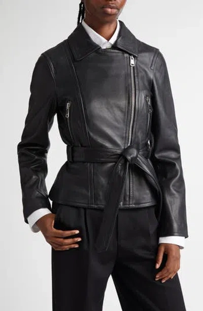 Reiss Febe Belted Leather Moto Jacket In Black
