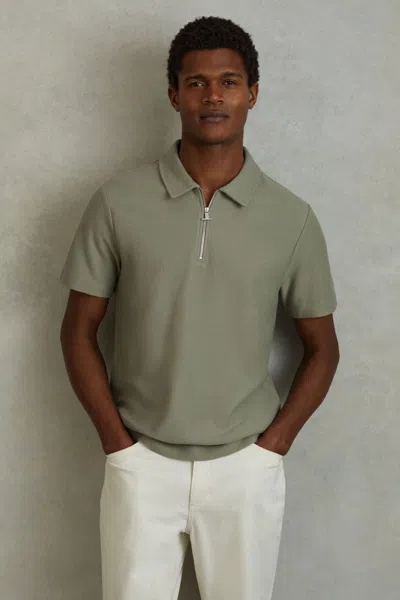 Reiss Felix - Pistachio Textured Cotton Half Zip Polo Shirt, S