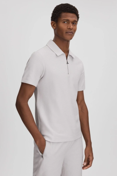 Reiss Felix - Silver Textured Cotton Half Zip Polo Shirt, S