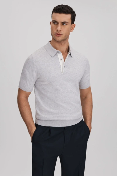 Reiss Finch - Soft Grey Cotton Blend Contrast Polo Shirt, S
