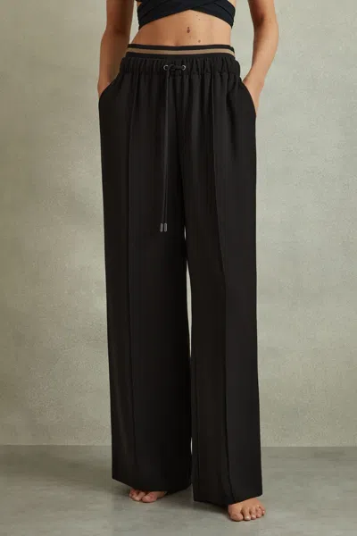 Reiss Black Waistband Detail Wide Leg Trousers In Black