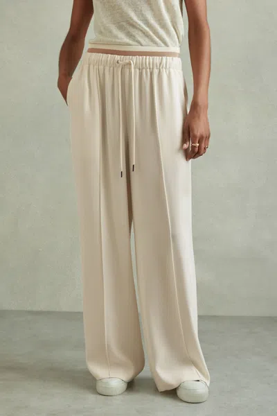 Reiss Fleur - Cream Petite Waistband Detail Wide Leg Trousers, Us 10