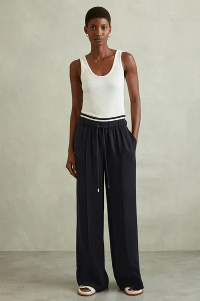 Reiss Navy Petite Waistband Detail Wide Leg Trousers In Navy