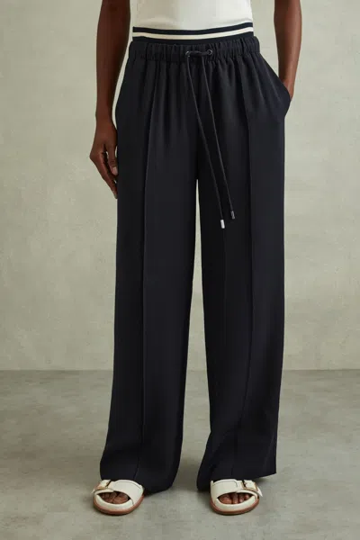 Reiss Navy Waistband Detail Wide Leg Trousers In Navy