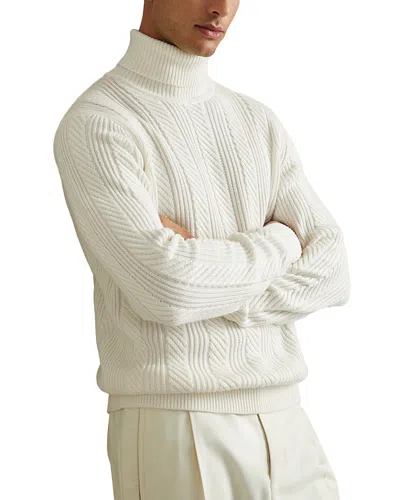 Reiss White Cabled Roll-neck Jumper With Cotton And Wool