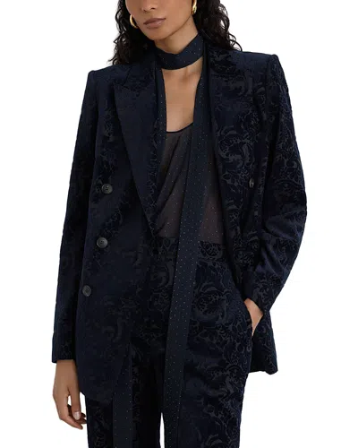Reiss Flocked Velvet Double Breasted Blazer In Blue