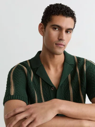 Reiss Mens Forest Green Ellingham Striped Knitted Cotton-blend Shirt