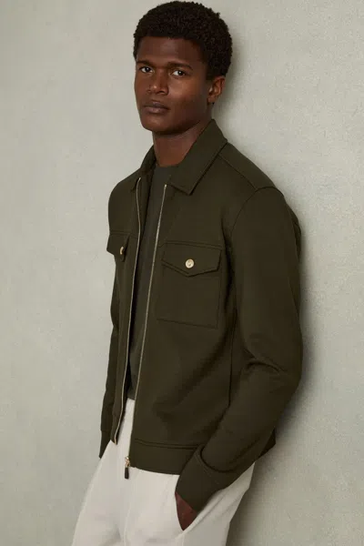 REISS FOREST GREEN MEDINA INTERLOCK-JERSEY ZIPPED OVERSHIRT