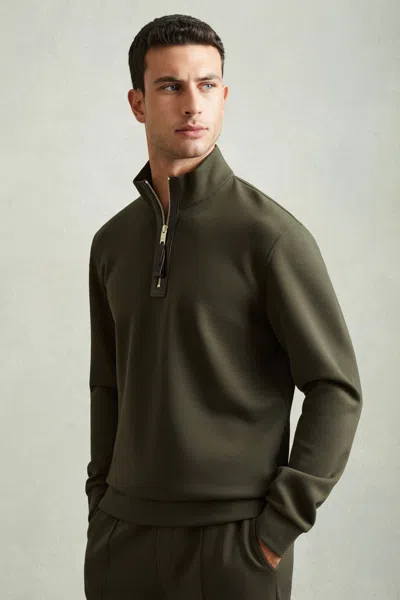 Reiss Forest Green Leather-placket Interlock-jersey Sweatshirt