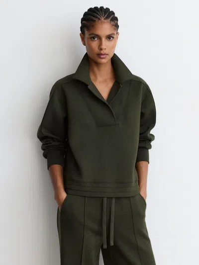 Reiss Forest Green Premium Interlock Collared Rib-detail Sweatshirt