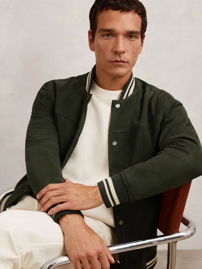 Reiss Forest Green Suede Stripe-trim Bomber Jacket