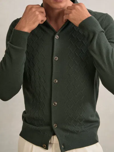 Reiss Forest Green Wool V-stitch Button-through Cardigan