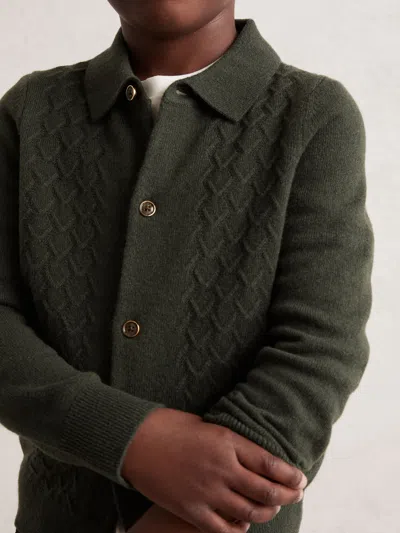 Reiss Kids' Forest Green Wool V-stitch Button Through Cardigan In Gray