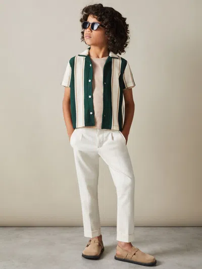 Reiss Forest Green/off White/soft Camel Brown Alton 9-13 Yrs Ribbed Cuban Collar Shirt