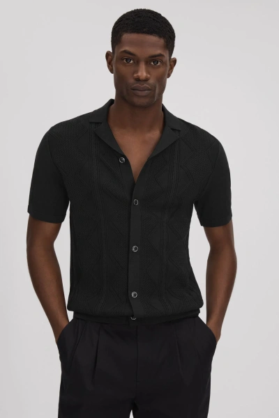Reiss Fortune - Black Cable Knit Cuban Collar Shirt, Xl