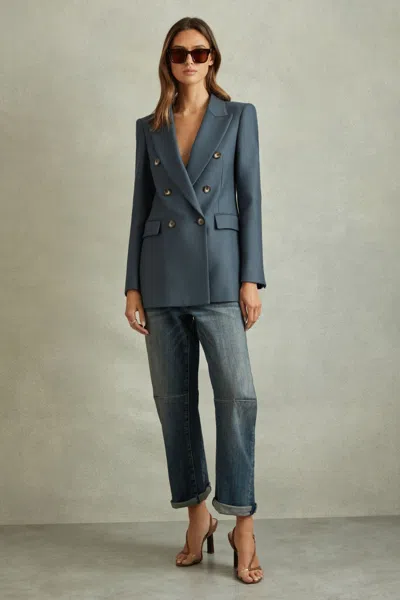 Reiss Blue Tailored Wool Blend Double Breasted Twill Blazer