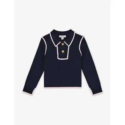 Reiss Kids' Navy Freya Piped Knitted Collar Top 3-9 In Blue
