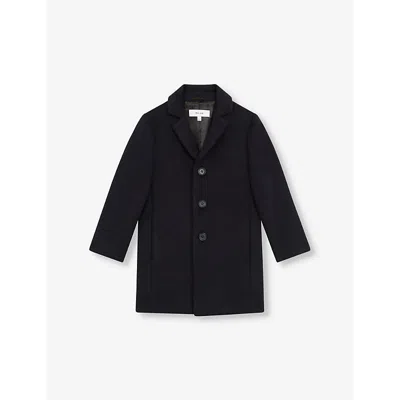 REISS NAVY GABLE SINGLE-BREASTED WOOL-BLEND OVERCOAT 3-9
