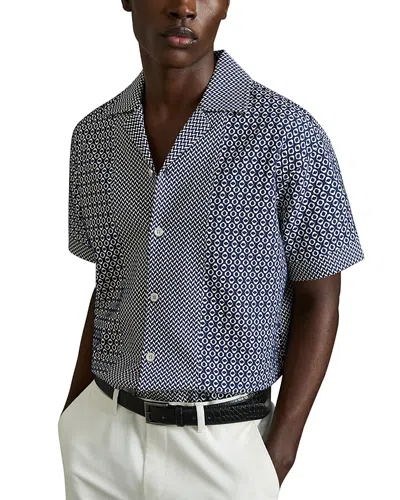 Reiss Geo Jacquard Camp Shirt In Navy/white
