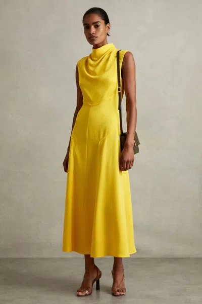 Reiss Yellow Cowl Neck Seam Detail Midi Dress