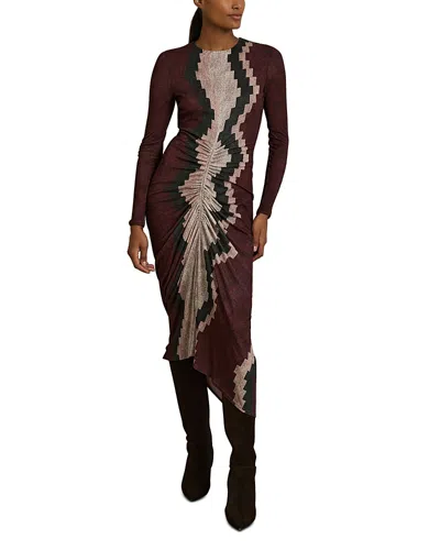 Reiss Georgia Printed Ruched Jersey Dress In Burgundy