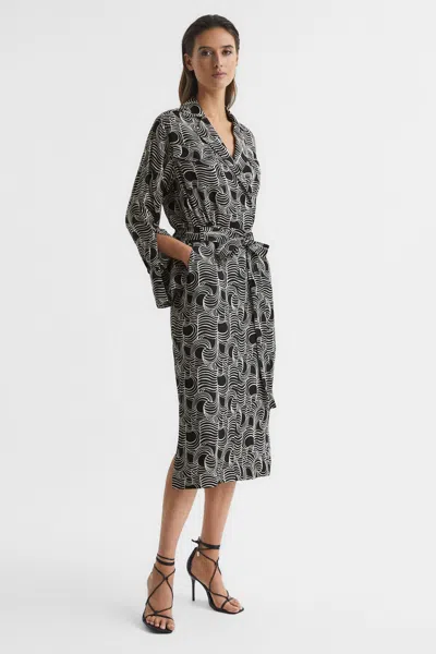 Reiss Black/cream Swirl Print Midi Dress
