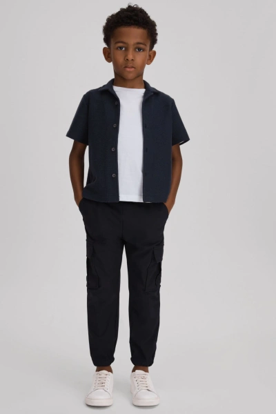 Reiss Kids' Gerrard - Navy Junior Textured Cotton Cuban Collar Shirt, Age 6-7 Years